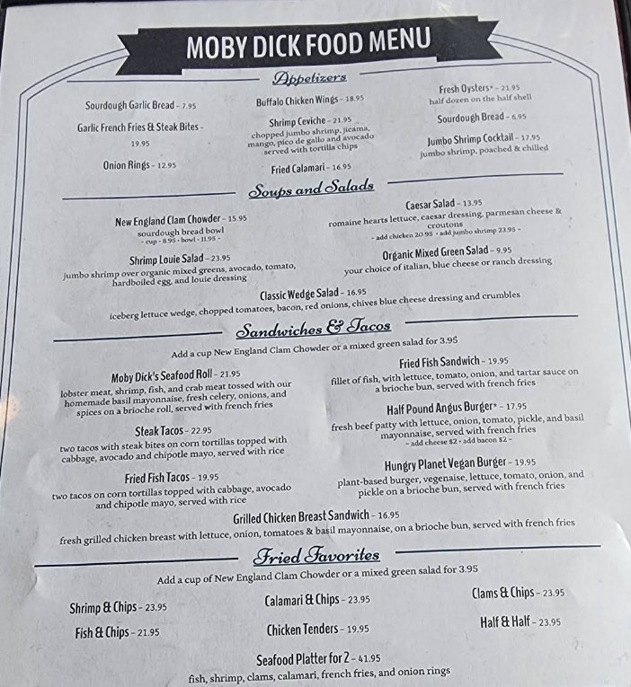 Moby Dick Restaurant Menu Fresh Seafood & Ocean Views in